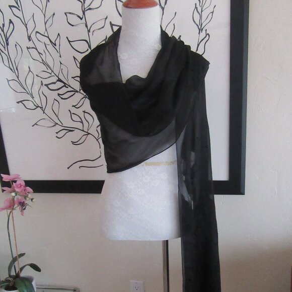 Sheer black shawl scarf with floral & paisley black on black patterns 78" x 21" - Picture 2 of 14